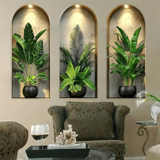 3 แผ่น/ชุด (ขนาดใหญ่) 3D Arch Niche Wall Decal-พฤกษศาสตร์ใบตกแต่งสําหรับห้องนั่งเล่นห้องนอน,ที่ถอดออกได้ไวนิล Silhouette พร้อมกระถาง, Bohe Home Decor,ที่ถอดออกได้ Arch Decals, V