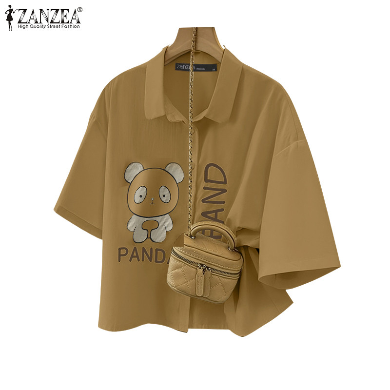 ZANZEA เสื้อเชิ๊ตแขนครึ่งสไตล์เกาหลี พิมพ์ลายการ์ตูนแพนด้า สำหรับผู้หญิง