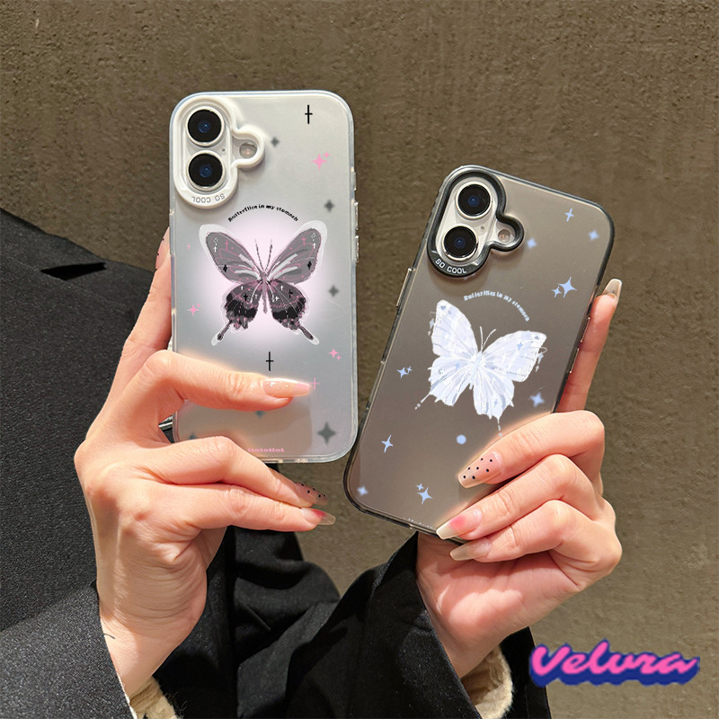 For เคสไอโฟน 13 12 11 iPhone 16 15 14 PRO MAX X XS MAX XR 7/8PLUS ผีเสื้อในฝันสีชมพูและสีดำ แอปเปิ้ลโทรศัพท์ จัดส่งจากปร