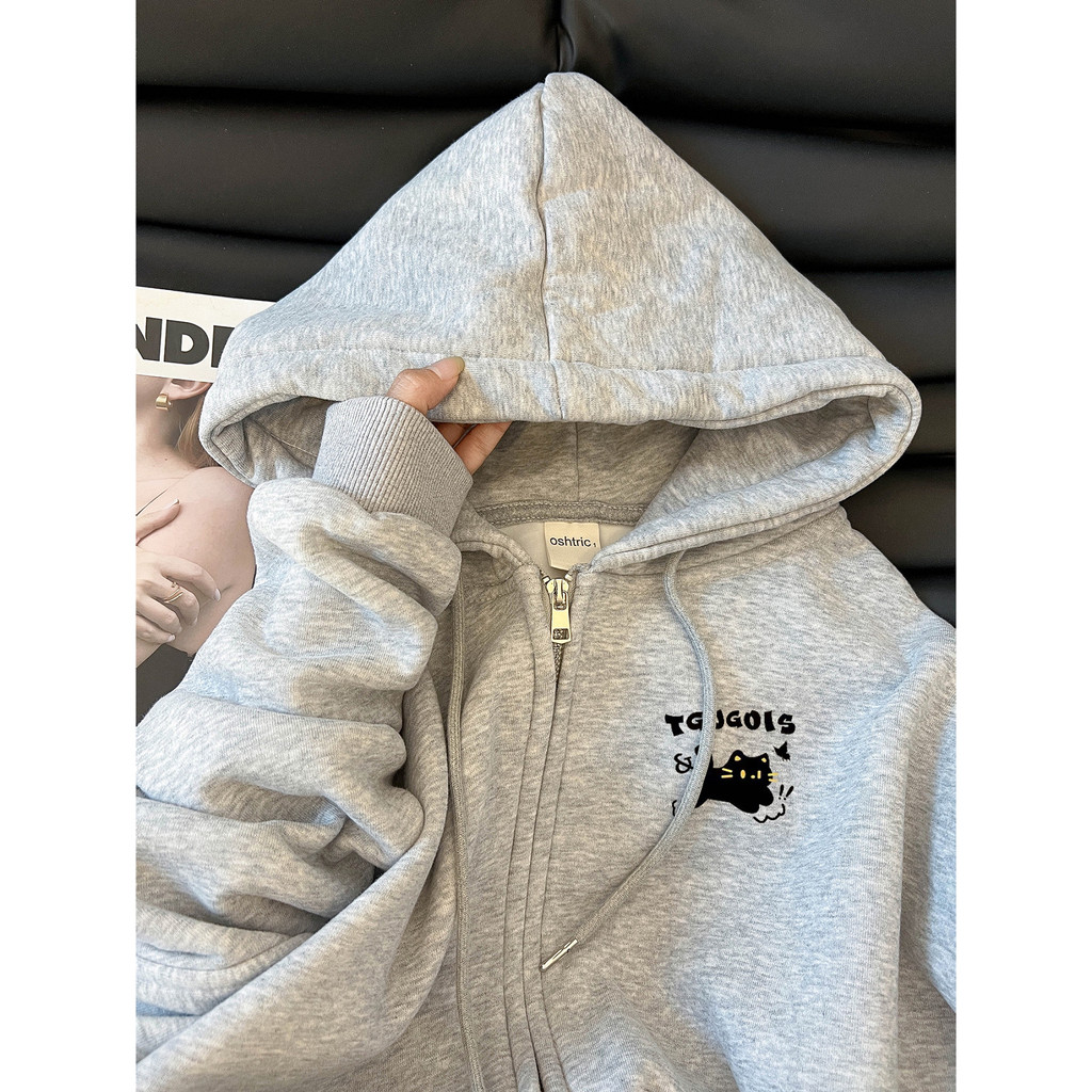 ฮู้ด เสื้อแขนยาวmc เสื้อสเวตเตอร์มีฮู้ดผ้าฝ้ายแท้สไตล์อเมริกันสำหรับผู้หญิงฤดูใบไม้ร่วงและฤดูหนาวปี2