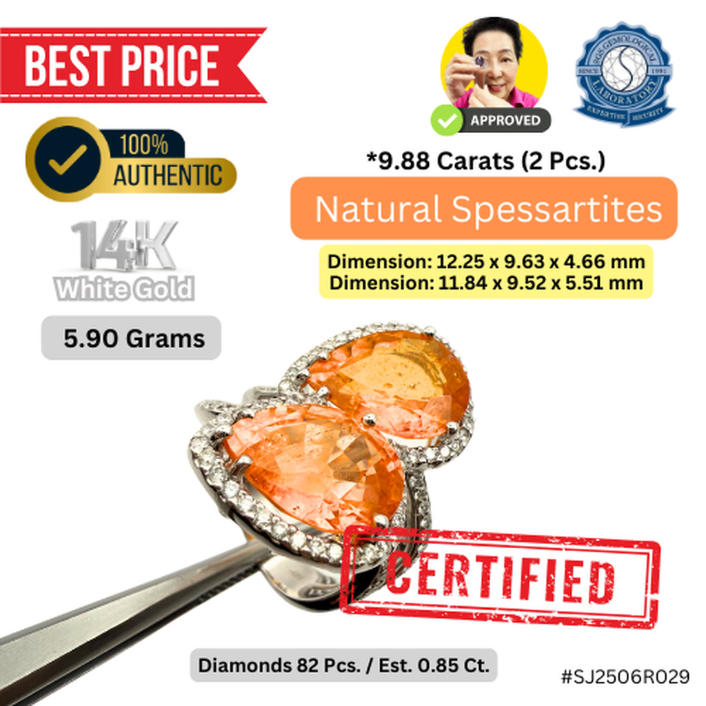 แหวน 14K WG Ring / Natural Spessartite โกเมนธรรมชาติ (Pear Mixed, 9.88 Cts. - 2Pcs.) Diamonds 82 pcs