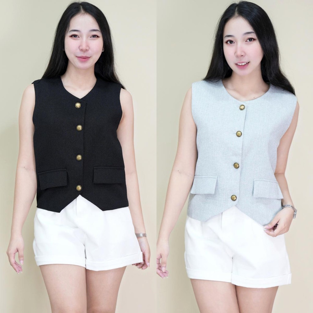 เสื้อทวิตแขนกุด คอกลม แต่งดีไซน์กระดุม กระเป๋าหน้าแต่ง ใช้งานไม่ได้ ทรงสวยเรียบง่าย สไตล์ลำลอง แมทซ์ลุคง่าย