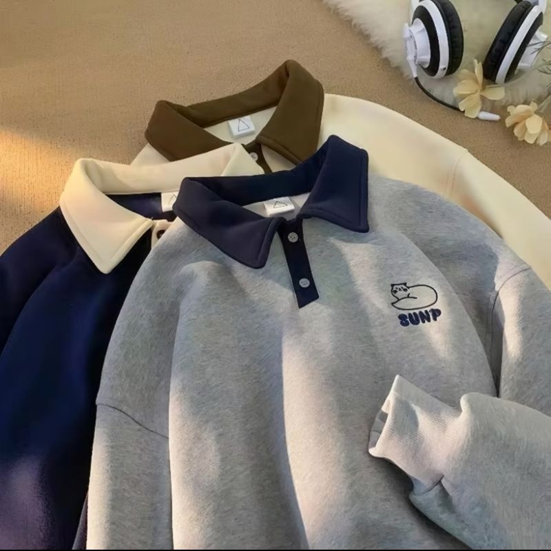 HIJAU ( S - 6XL ) เสื้อสเวตเตอร์คอปกโปโลขนาดใหญ่ ( S - 6XL ) CAT CUTE MEAW SUNP Crewneck Mix Two Ton