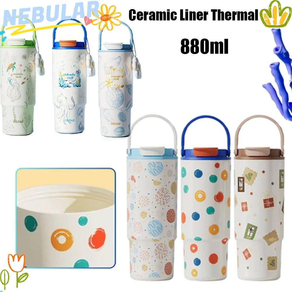 ถ้วยเก็บความร้อน เนบูลาร์ ถ้วยสูญญากาศความจุขนาดใหญ่ 880 มล. น่ารักพร้อมที่จับ ซับเซรามิกกันรั่ว ถ้วยฉนวน การท่องเที่ยว