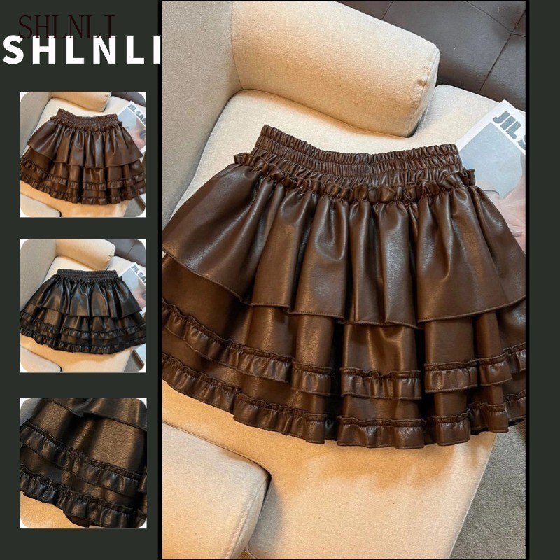 กระโปรงสั้นเอวสูงสไตล์เกาหลีหวาน ทำจากหนัง ใส่ได้ทั้งฤดูใบไม้ผลิและฤดูใบไม้ร่วง