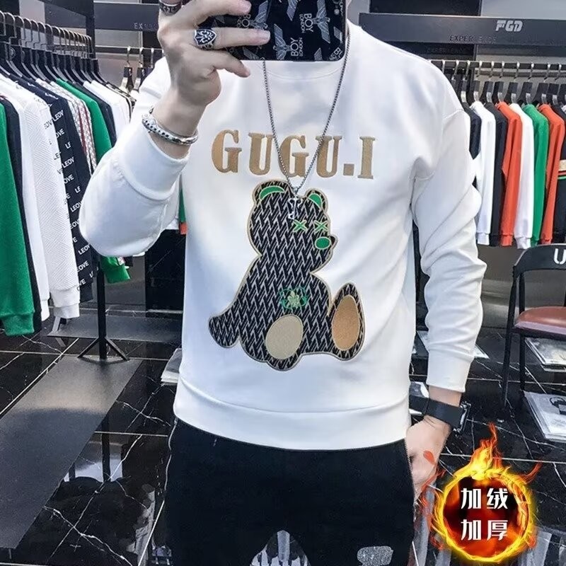 เสื้อแขนยาวรอบคอหลวมสำหรับผู้ชาย ทำจากขนแกะซับ ดีไซน์สตรีทแวร์ เหมาะสำหรับฤดูใบไม้ร่วงและหนาว TLH1