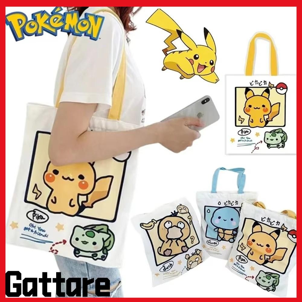 GATARE กระเป๋าสะพายผ้าใบ, อะนิเมะ Pikachu Psyduck Squirtle กระเป๋าถือลําลอง, การ์ตูนนํากลับมาใช้ใหม่