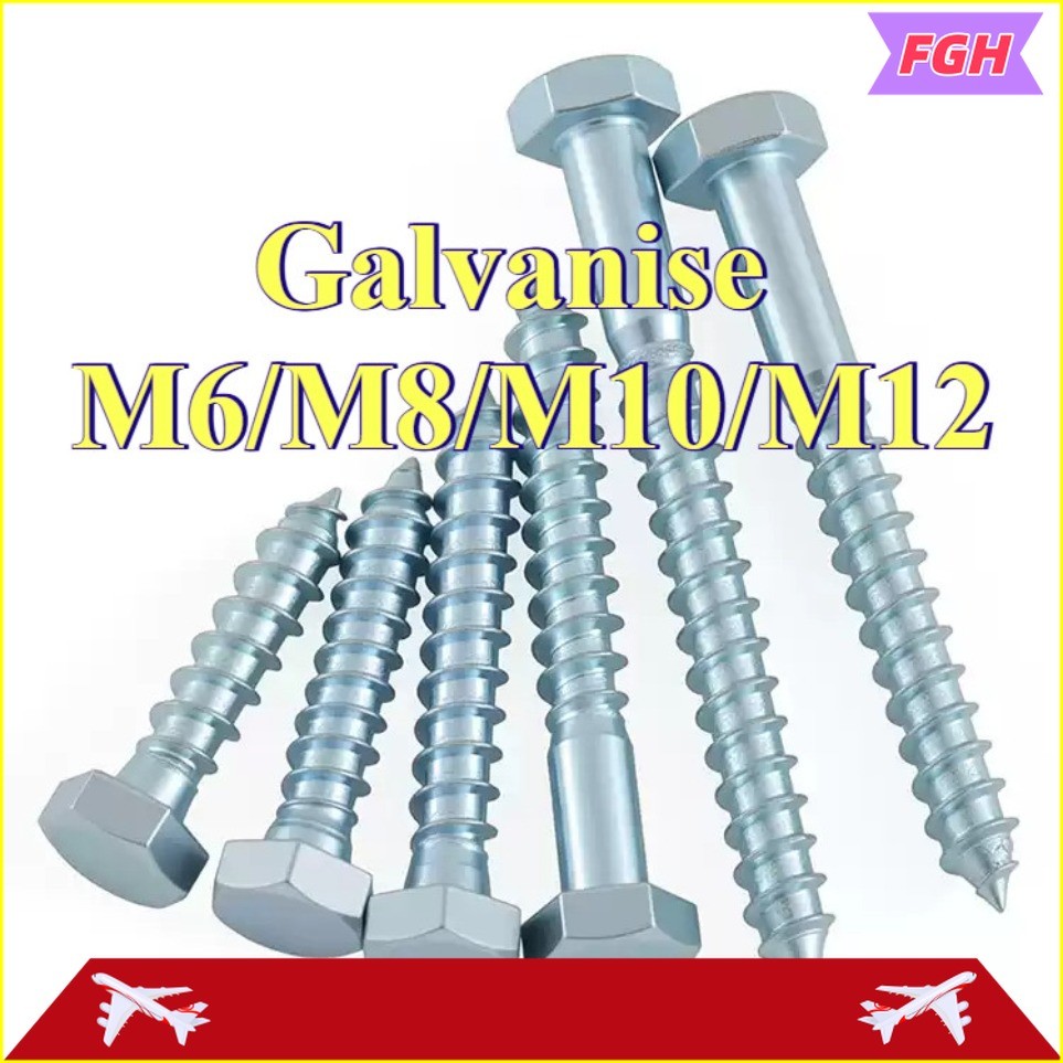 น็อต สกรู หัวเหลี่ยม สกรูงานไม้ ยึดไม้ ชุบสังกะสี เกลียวปล่อย ขันไม้  / Hex Head Wood / Lag Screw M6 M8 M10 M12 * L20-200 mm. FGH-CB-1
