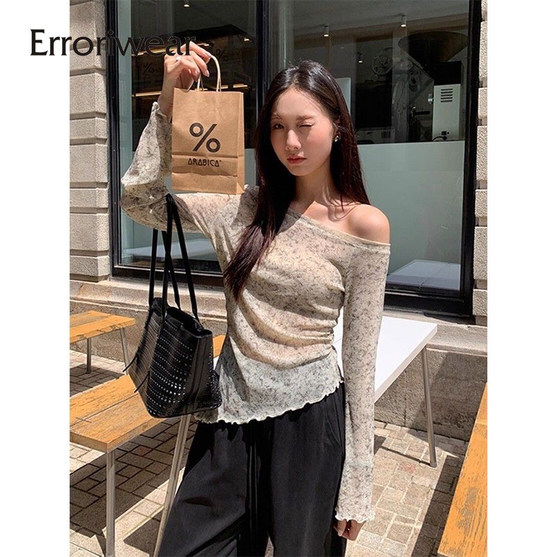 เสื้อแฟชั่นหนึ่งไหล่แขนยาว พิมพ์ลายดอกไม้แบบตาข่าย ดูผ่านและเซ็กซี่ เหมาะสำหรับวันหยุด - รูปที่ 3