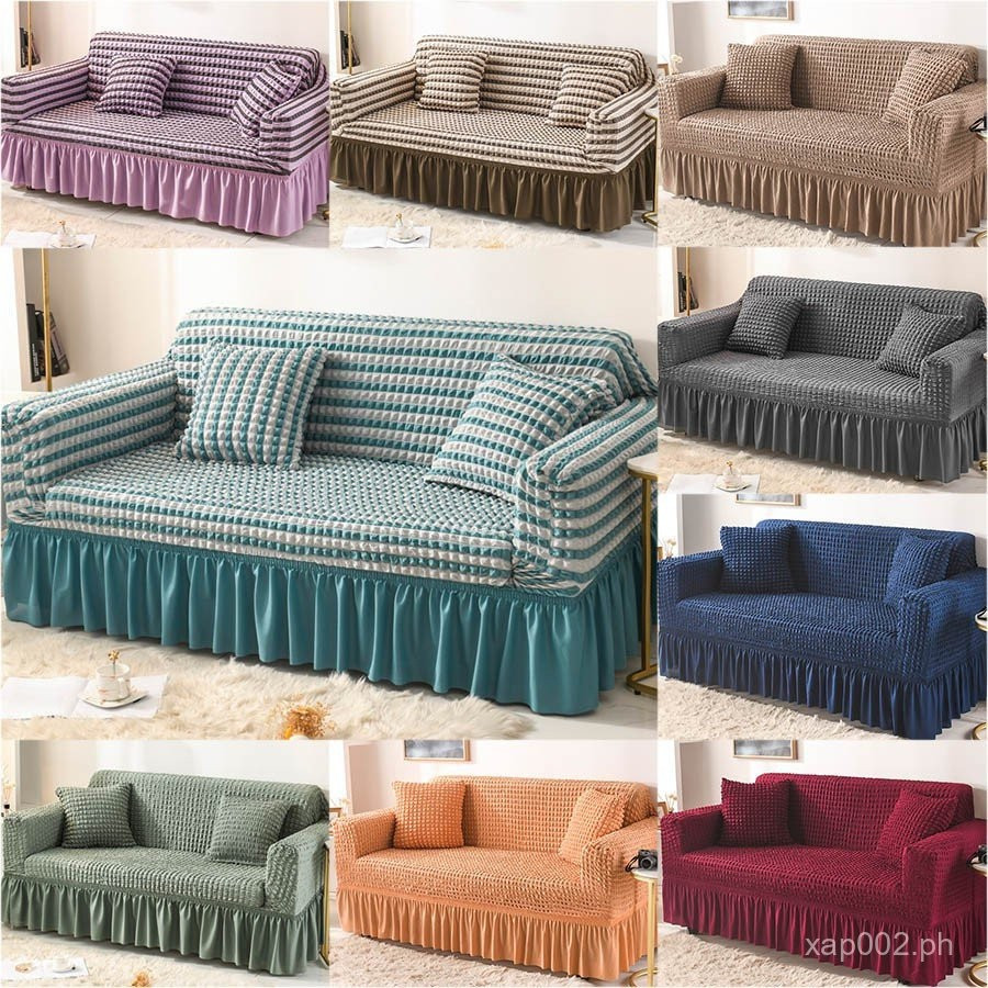 1/2/3/4 ที่นั่งโซฟา Seersucker Sarung โซฟา W/กระโปรงยืดหยุ่น L รูปร่างแบ่ง Universal ยืด Slipcover โ