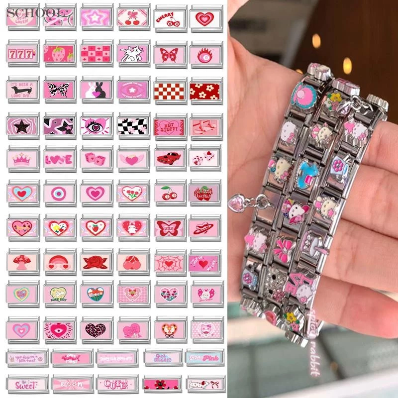 Hot Pink Series สร้อยข้อมือ charm สไตล์อิตาเลียน สแตนเลส fit ขนาด 9 มม. เพิ่มบุคลิกภาพในสไตล์ retro