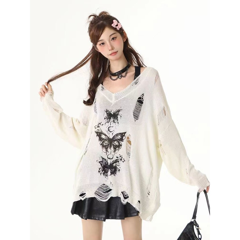 เสื้อถักลายกราฟฟิกแขนยาว ลายผีเสื้อ สไตล์แฟชั่นฤดูร้อน รูปที่ 8