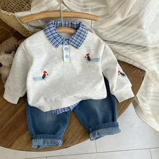 MooDeng Baby เซ็ตแขนยาว ปักลาย คอปก ลายสก็อต 2 สีเทา สีกรม เซท 2 ชิ้น เสื้อแขนยาว+ กางเกงขายาว ใส่เที่ยว ชุดเซทสุดเท่