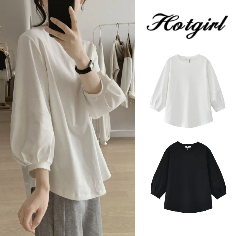 Hotgirl พร้อมส่ง เสื้อยืดแขนยาวผู้หญิงสไตล์เกาหลี คอกลม การออกแบบแขนทรงบอลลูน ลำลองทรงหลวม