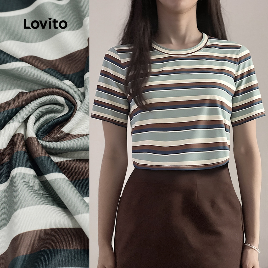 (NEW) Lovito เสื้อยืดคอวีแบบสบาย ๆ สายข้างเรียบง่าย สำหรับฤดูใบไม้ผลิ/ฤดูร้อน ผู้หญิง L155ED633