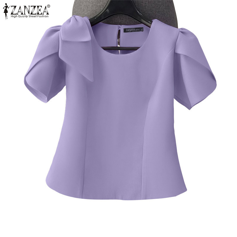 ZANZEA ซานเซีย แฟชั่นเกาหลีสำหรับผู้หญิง คอกลมแขนสั้น ตัวเสื้อหลวม มีการย่นที่เอวเล็กน้อย เหมาะสำหรับใส่ลำลอง