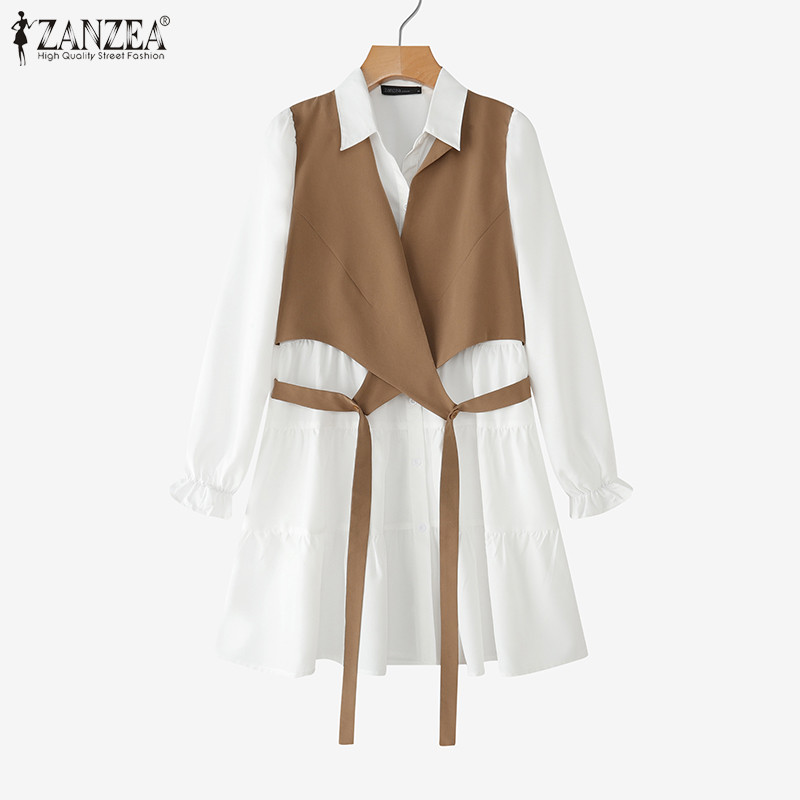 ZANZEA ซานเซีย ชุดแซนเด일 สไตล์เกาหลี ผูกเสื้อคอลสแตนดาร์ด แขนยาว เหมาะสำหรับใส่ออกงานหรือในวันหยุด — صورة 5