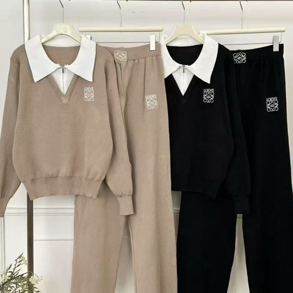 ชุดสองท่อนสีเข้ากันสำหรับฤดูใบไม้ร่วงและหนาว เสื้อโค้ตพร้อมกางเกงขากว้าง สวมใส่สบาย