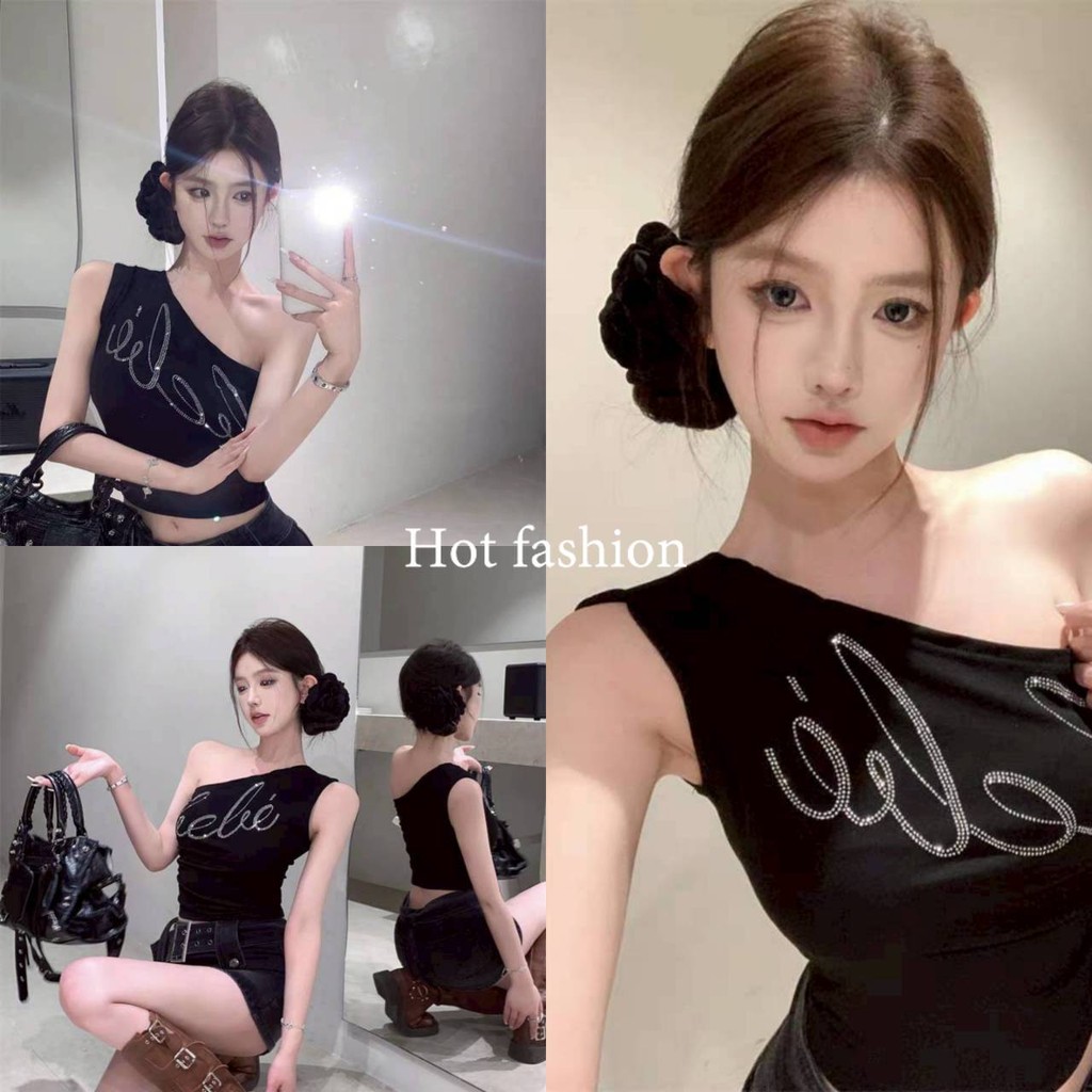 HOT FASHION THAI พร้อมส่ง เสื้อกล้ามทรงรูป แต่งลายเพชร ทรงครอปสั้น สีพื้น -FY576