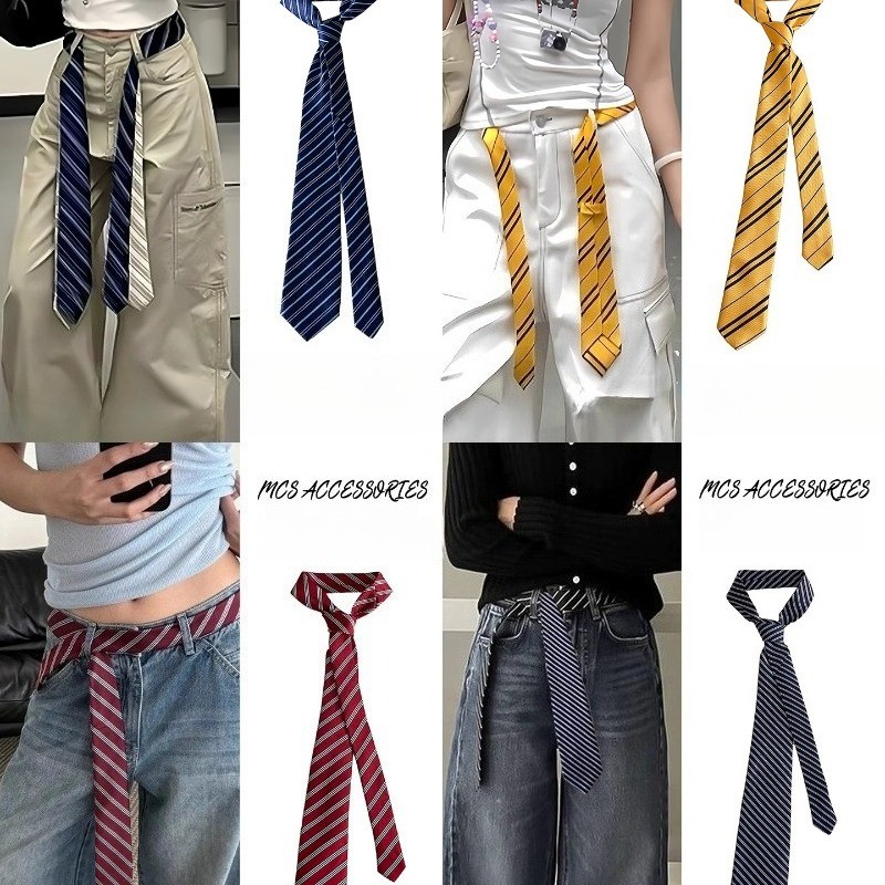 เข็มขัดผูกลายทางอเมริกันย้อนยุคสําหรับผู้หญิงที่มีอเนกประสงค์ระดับไฮเอนด์กางเกงยีนส์เอวผ้าพันคอเอวเชือกผูกโบว์อุปกรณ์เสริม