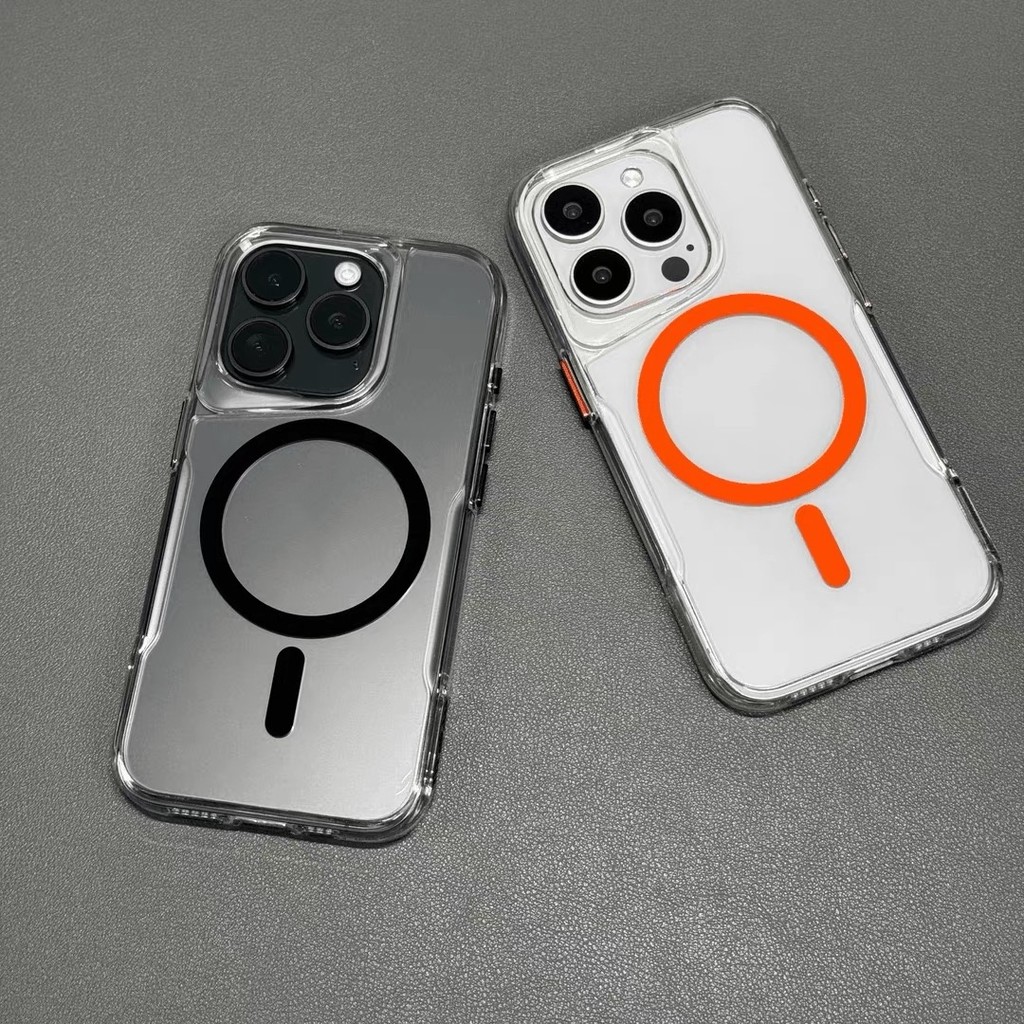 กล่องป้องกันแม่เหล็กโปร่งใสใหม่สำหรับ Iphone 11 12 13 14 15 16 Pro Max 16Plus 17 กล่องอากาศปุ่มโลหะอิสระกันกระแทกอะคริลิกฝาด้านหลังแข็ง