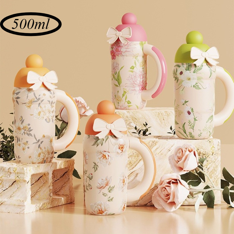 🌸กระติกน้ำลายดอกไม้ MiYou 500ml | สแตนเลส 316 หลอดดูดสวย ของขวัญสุดพิเศษสำหรับผู้หญิง