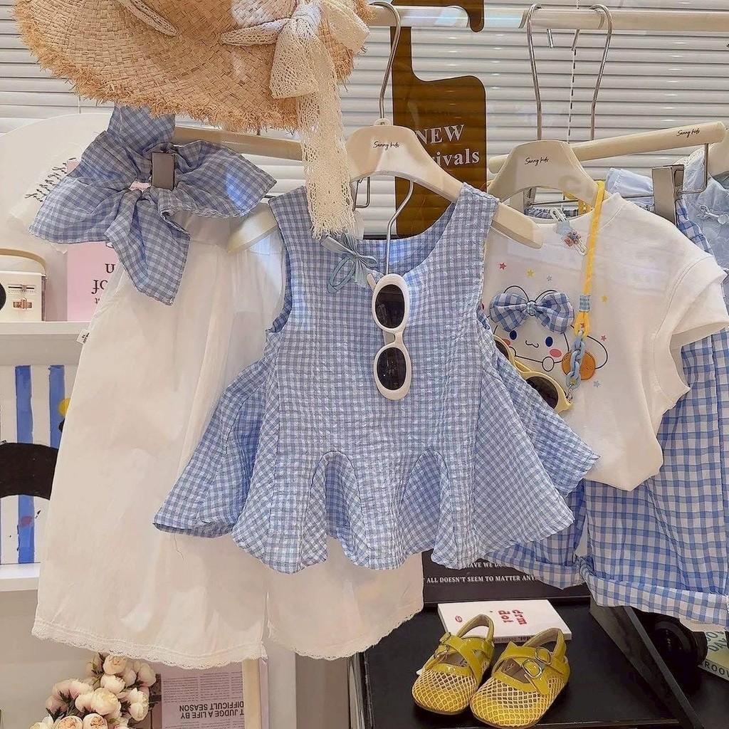 TSHOP📢ชุดเด็กพร้อมส่งในไทย🥳เซ็ท 3 ชิ้น ชุดลูกสาวสีฟ้า เสื้อ กางเกง โบว์ มีรูปงานจริง