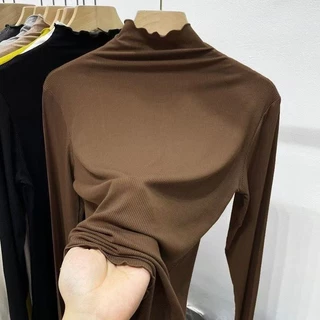 เสื้อยืดแขนยาวผู้หญิงแฟชั่นคอสูงสวย สไตล์เกาหลีเน้นสวมใส่สบาย เนื้อผ้าดีไม่ขึ้นขน ใส่ชั้นในหรือมิกซ์แอนด์แมทช์กับเสื้อคล