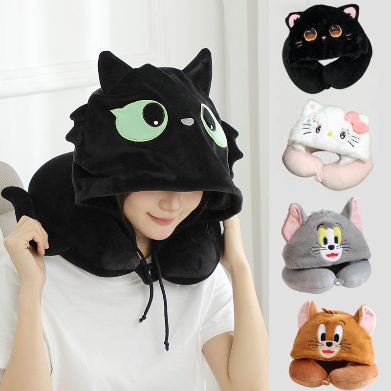 COD[ขายร้อน] หมอนรองคอ ตัวยู พร้อมฮู้ด หมอนรองคอลายการ์ตูน ลายน่ารัก นุ่มสบาย พกพาสะดวก  เดินทางงีบ