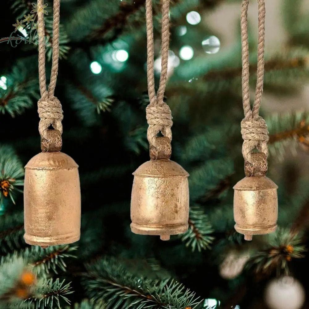 KOWEN Christams กระดิ่งวัว, กระดิ่งแขวนโลหะทํามือทนต่อการกัดกร่อน, ความทนทานสูงสไตล์วินเทจตกแต่งเชือกแขวน Christams Bell จี้งานแต่งงาน