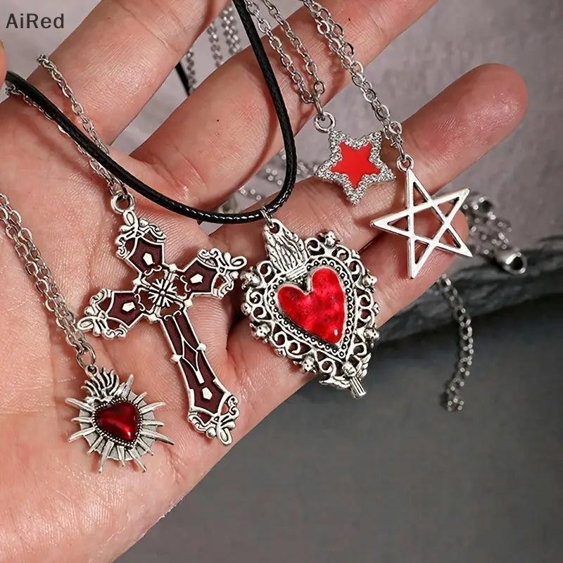 AiRed 5 ชิ้นสร้อยคอโกธิคชุดสําหรับผู้หญิงเครื่องประดับฮาโลวีนหัวใจค้างคาวแมงมุมข้ามจี้เสื้อกันหนาวโซ