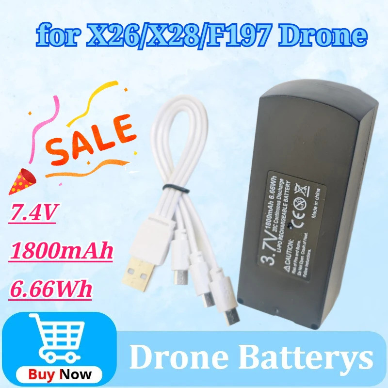 7.4V 1800mAh 6.66Wh Li-Po แบตเตอรี่สําหรับ X25 X26 X28 Drone สี่แกนรุ่นเครื่องบิน RC Quadcopter แบตเ