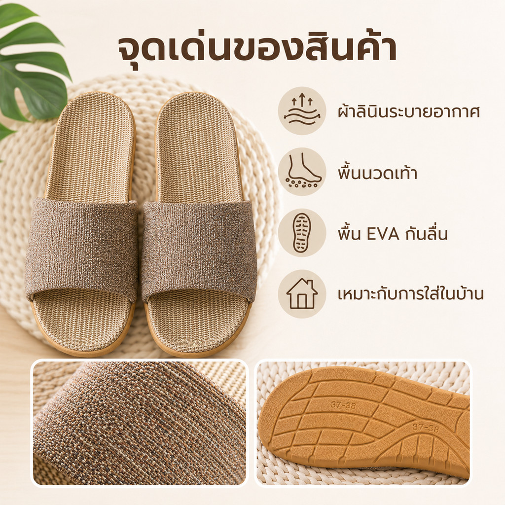 รองเท้าแตะในบ้านของผู้หญิงผ้าลินินลูกไม้ระบายอากาศด้านล่างนุ่มกันลื่นสบายในร่มสบายๆซาน