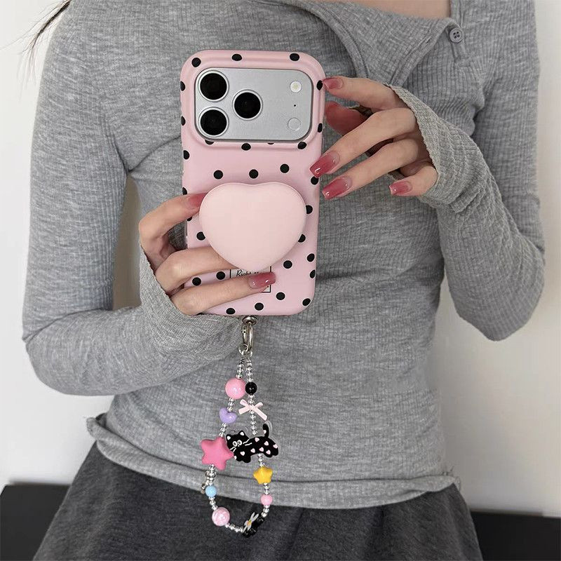 เคสโทรศัพท์ เหมาะสําหรับ iPhone 7 8 X XS XR XSMAX 11 12 13 14 15 16 17 Pro max Plus Air ทาสี Foundation สีดํา Polka Dot + วงเล็บ Shock-proof ป้องกันกรณีรวมทุกอย่าง VWFE