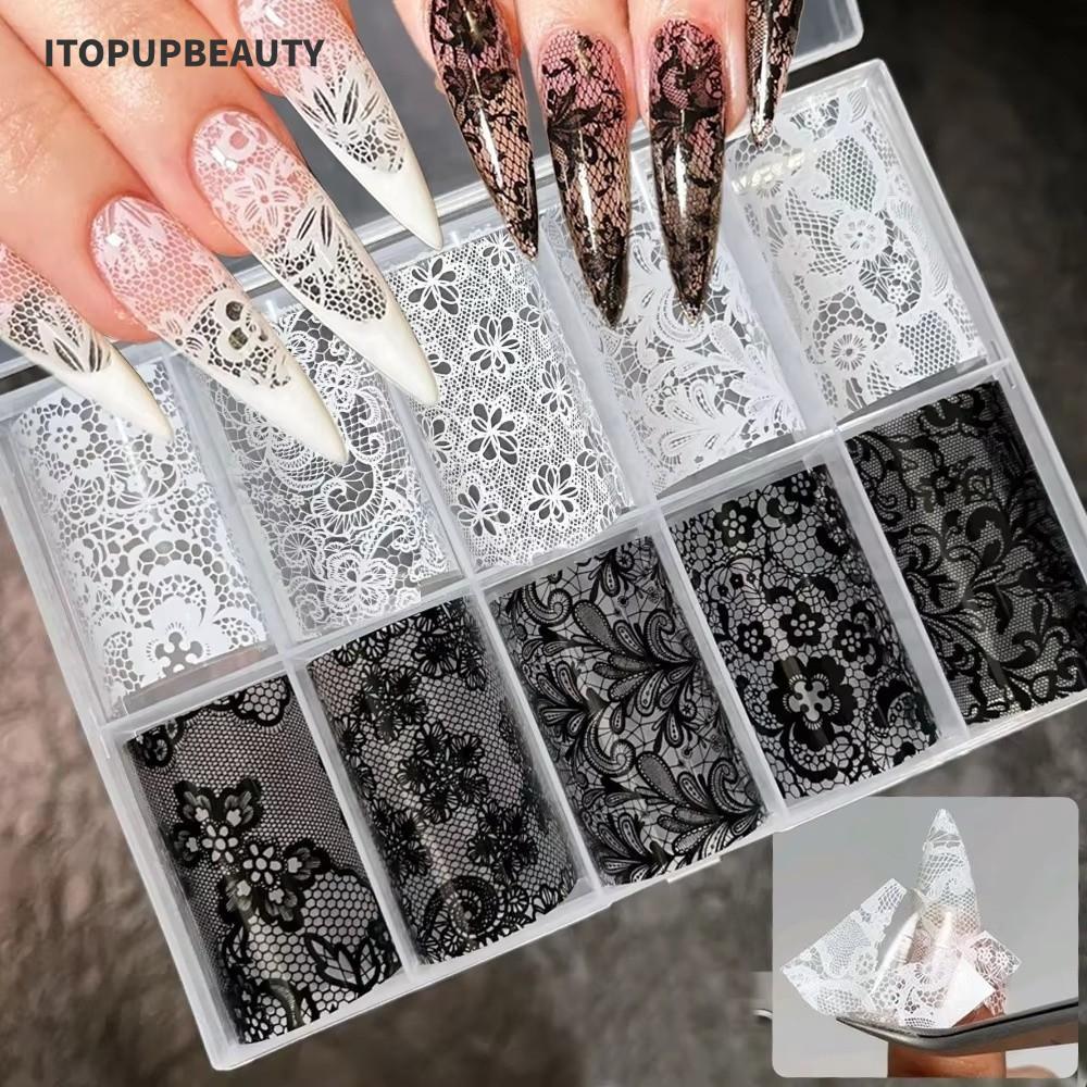 ITOPUPBEAUTY ฟอยล์เล็บ, ลายแถบเสือดาวพิมพ์สติ๊กเกอร์ติดเล็บ, มืออาชีพสีดําสีขาวลูกไม้ออกแบบเลื่อมผลตกแต่งตกแต่งเล็บ