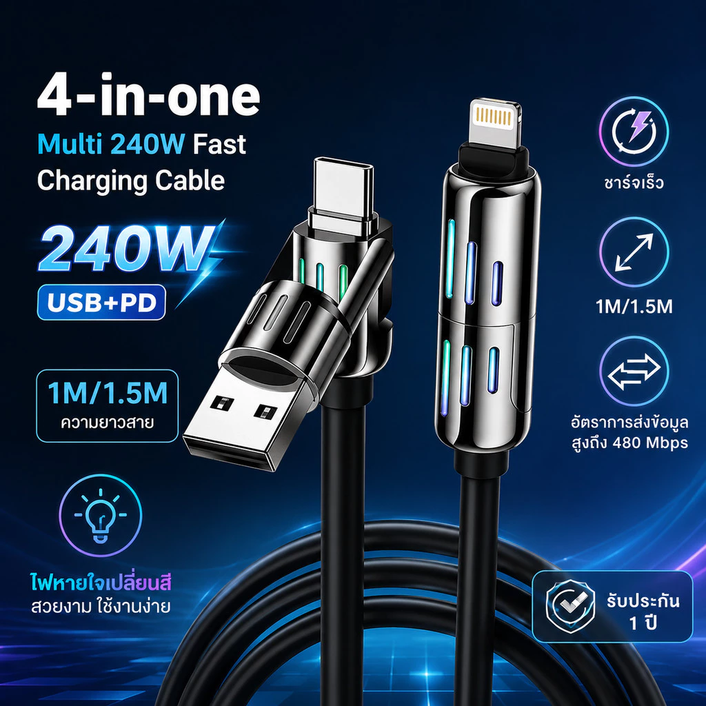 ZJ HOME สายชาร์จเร็ว 4in1 Fast Charge 240w สายชาร์จมือถือ แสงไฟ RGB สายชาร์จTYPE C USB