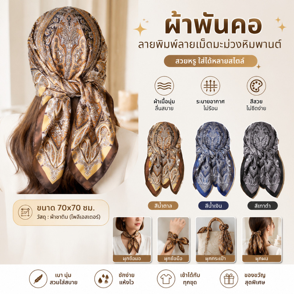 (การจัดส่งในท้องถิ่น) ผ้าคลุมไหล่ลายดอกมะม่วงหิมพานต์ 70x70 ซม พรีเมี่ยมสำหรับผู้หญิง