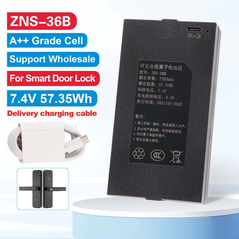 ZNS-36B 7.4V 7750mAh แบตเตอรี่ทดแทนสําหรับล็อคประตูอัจฉริยะพร้อมพอร์ตชาร์จ Type-C C + CP +