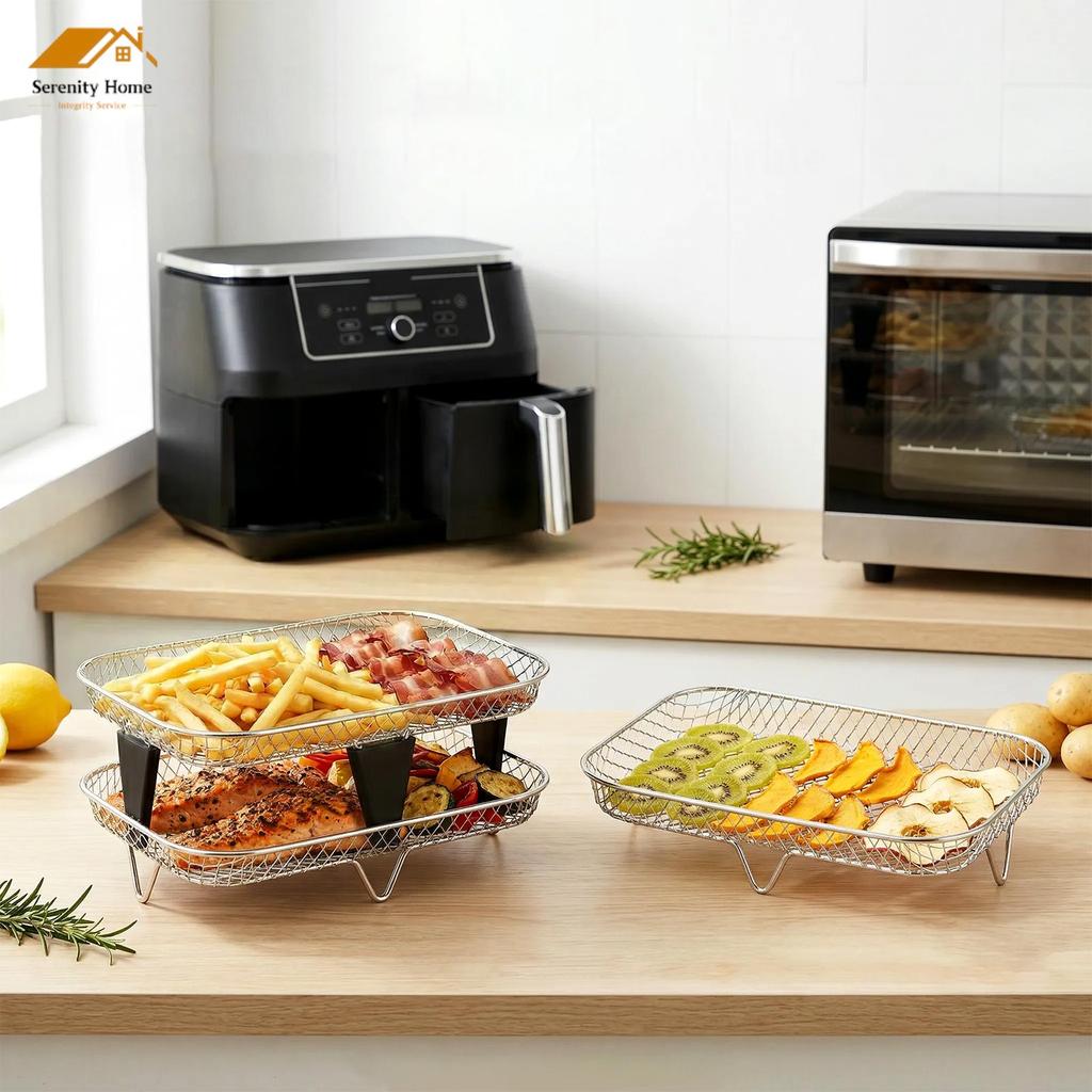 3 ชิ้น Air Fryer Rack สําหรับ Dual Airfryer สแตนเลสสี่เหลี่ยมผืนผ้า Dehydrator Rack Double Air Fryer อุปกรณ์เสริม SHOPQJC7802