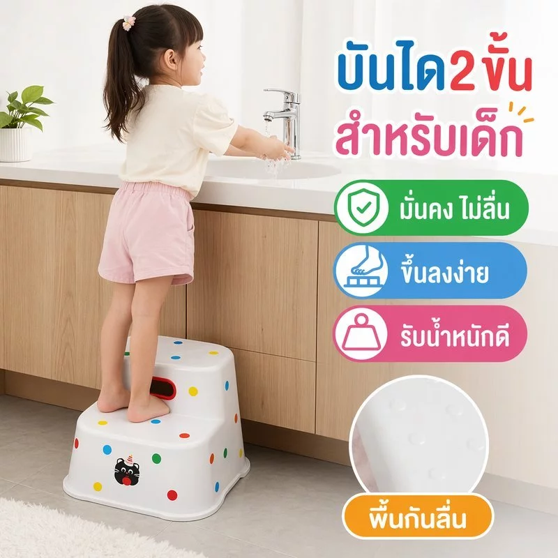 บันไดชักโครกเด็ก เก้าอี้บันไดห้องน้ำ ดีไซน์น่ารัก ไม่ลื่นและมั่นคง เหมาะสำหรับการล้างมือ การเข้าห้องน้ำ และการอาบน้ำ