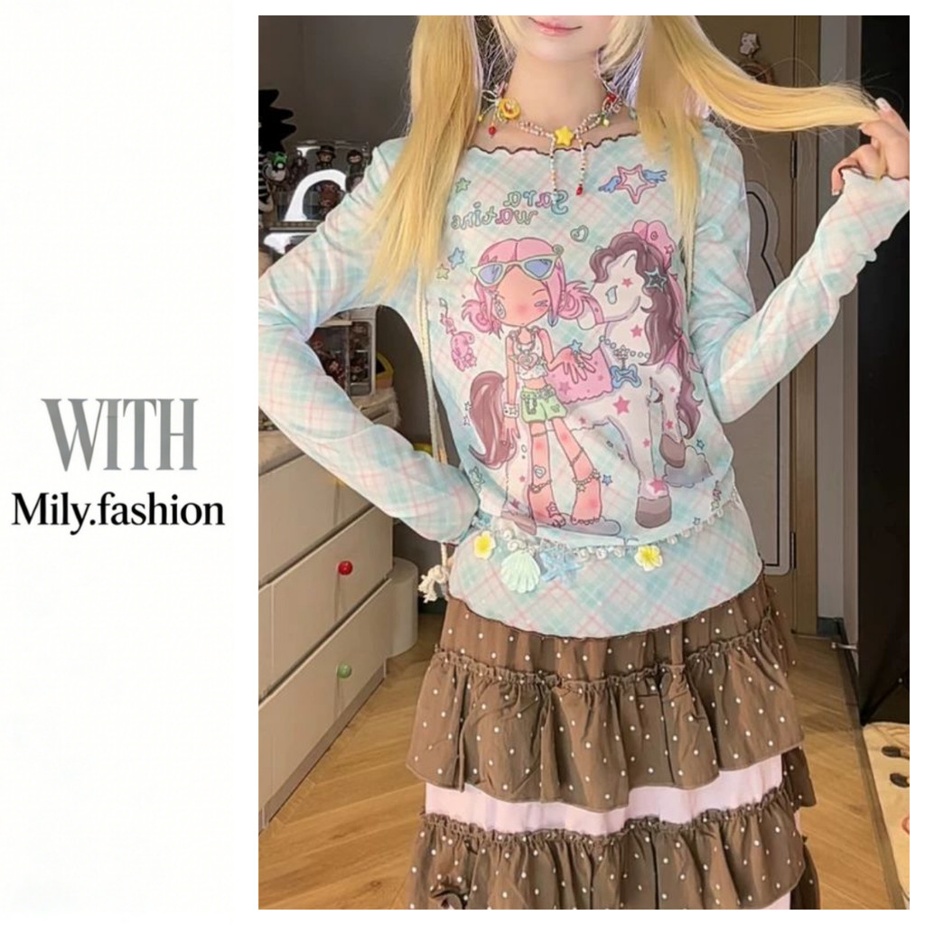 Milyfashion ฤดูร้อนอะนิเมะการ์ตูนสีพิมพ์ผ้ากอซรอบคอยาว Slim-fit Slimmer ดูอายุลดดูดี All-match T KGP