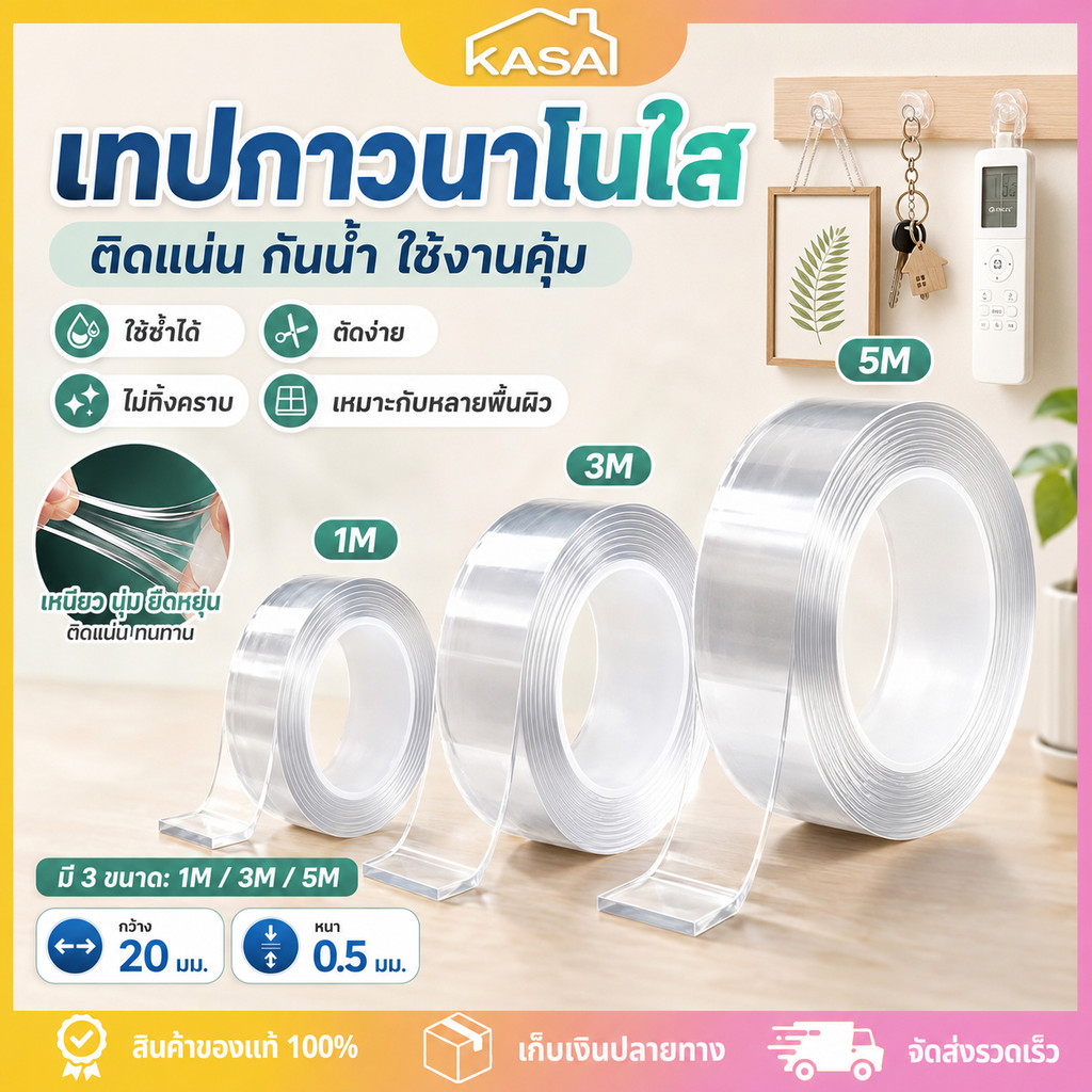 เทปกาวนาโน 2 หน้าสีใส กว้าง 2/3 ซม. หนา 2 มม. ยาว 1/2/3เมตร  กันน้ำ ไม่ทิ้งคราบกาว ใช้งานได้อเนกประสงค์ ส่งจากไทย!!!