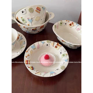 จานชาม เซรามิค insลายแมว🐱การบรรเทาน่ารัก พร้อมส่ง