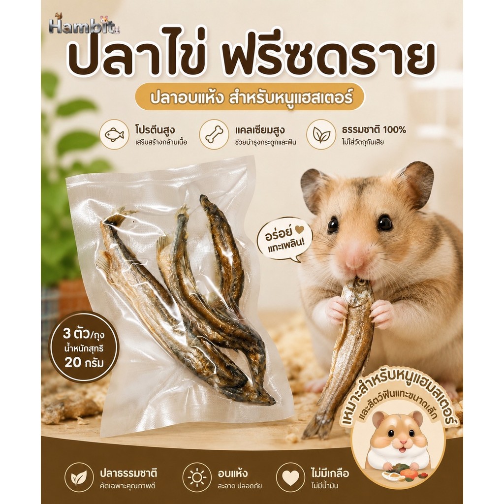 Hambit. ปลาไข่ฟรีซดราย ขนมหนูแฮมสเตอร์ ชูการ์ไกลเดอร์ เม่นแคระ ขนมสัตว์เลี้ยง Exotic โปรตีนสูง 20g (3 ตัว/ถุง)