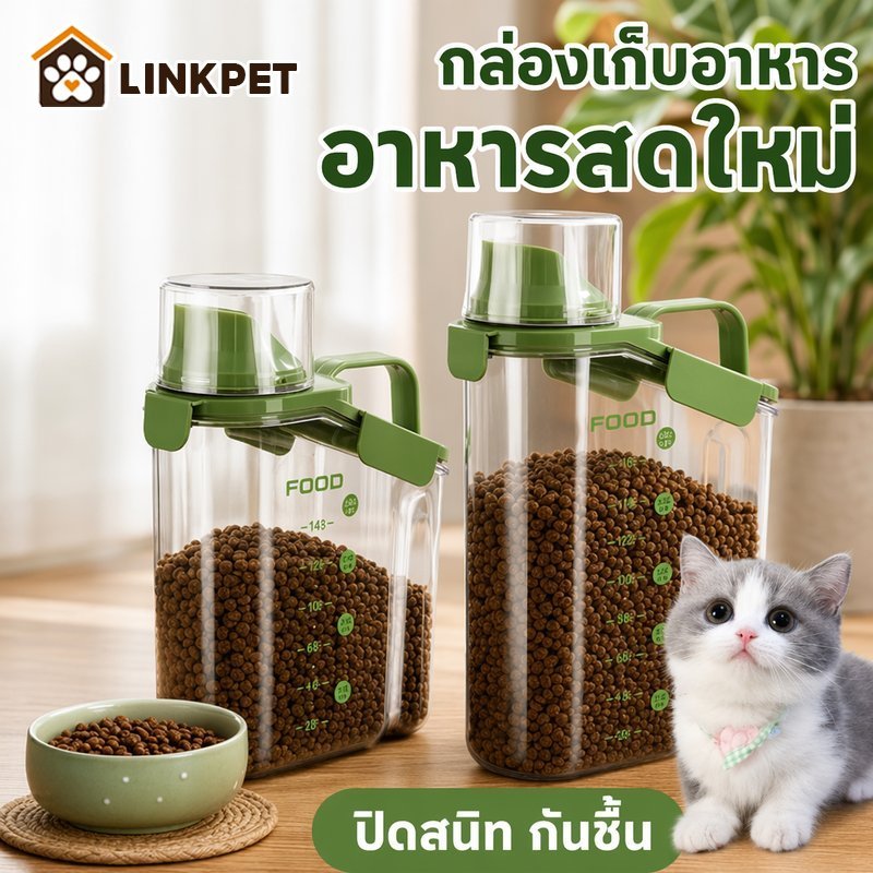 กล่องใส่อาหารสัตว์เลี้ยง กล่องใส่อาหารแมว กล่องเก็บอาหาร กันความชื้น ปิดผนึกดี มีถ้วยตวง