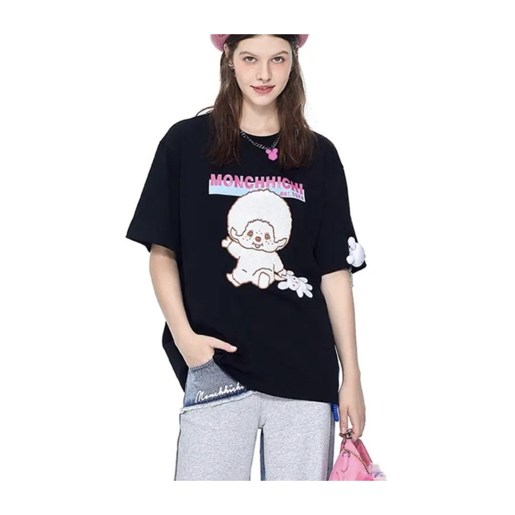 ผ้าฝ้าย 100% MONCHHICHI เสื้อยืดแขนสั้นสีชมพู Fun