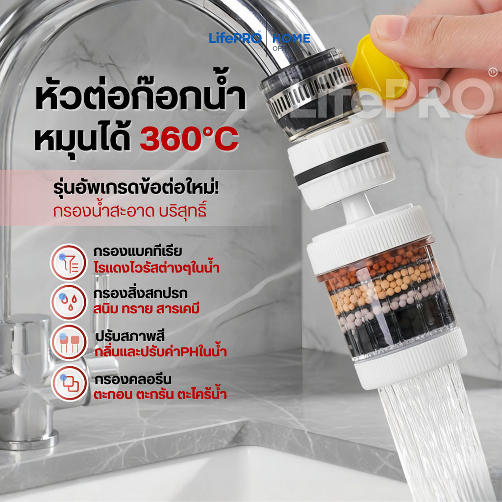 หัวต่อก๊อกกรองน้ำหมุนได้ 360C(อัพเกรดใหม่) ชั้นกรอง 6ชั้น กันน้ำกระเด็น หัวกรองก๊อกน้ำ ที่กรองน้ำ หัวกรองน้ำ ระบบน้ำ