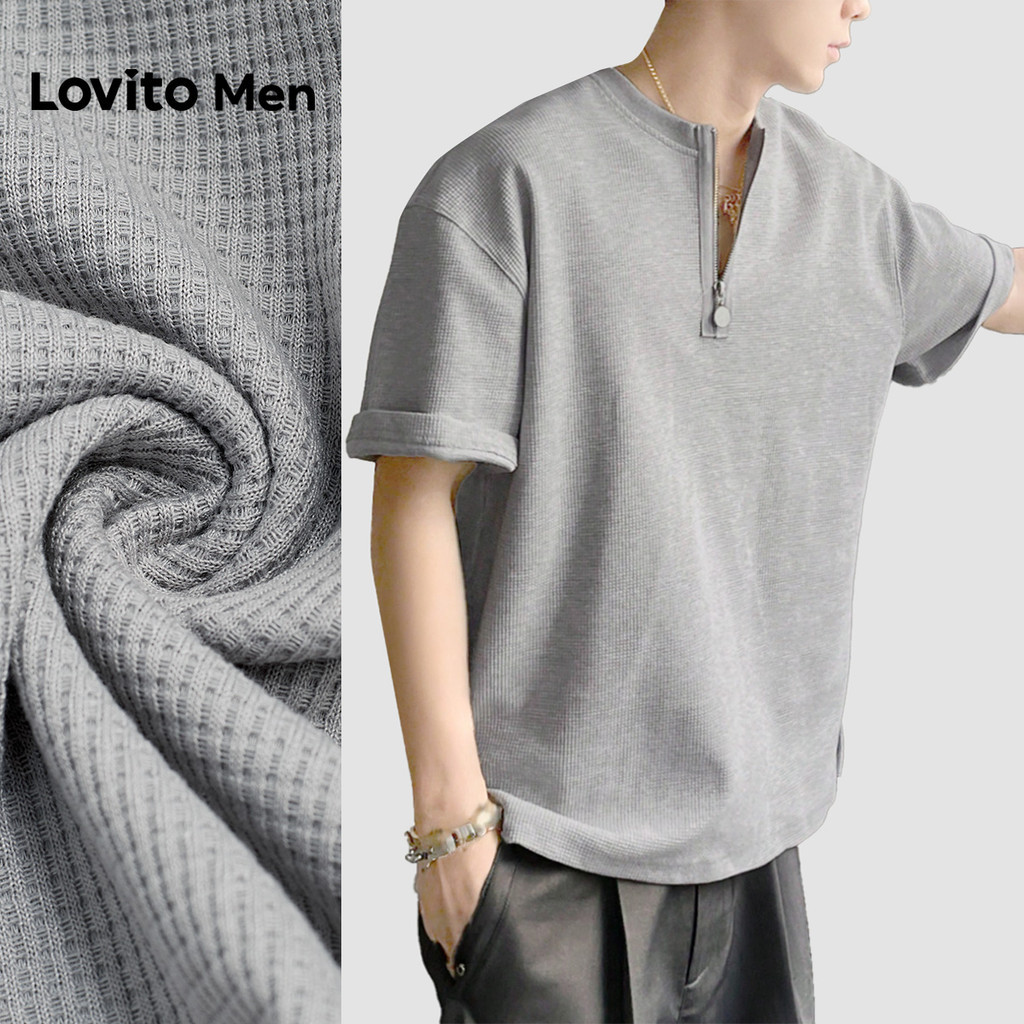 Lovito Men  เสื้อโปโลลําลอง ซิป สีดํา สําหรับผู้ชาย L175ED106