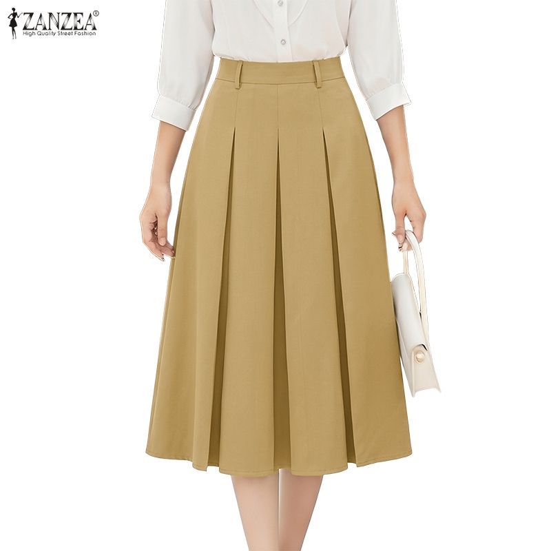 ZANZEA ผู้หญิงเกาหลี Elegant Official Office OL เอวสูงจีบ Solid Midi A-Line Oversirt — صورة 6