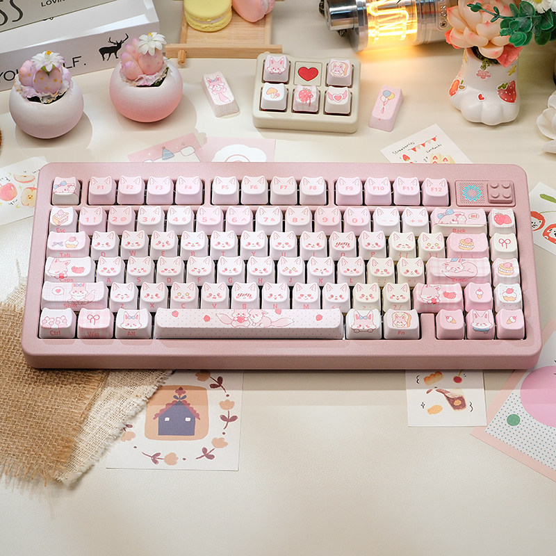 Fox Dessert Sweety Pink Fox น่ารักการ์ตูน Keycaps MAO 120 คีย์ MX Switch PBT ห้าด้าน Dye Sublimation